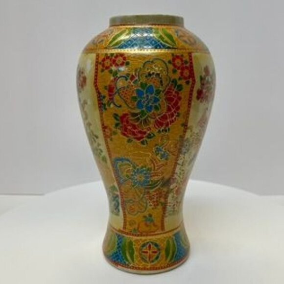 Chinese Earthenware Vase 9.5” Transferware Birds Flowers and Gilded Chinoiserie - Picture 2 of 6